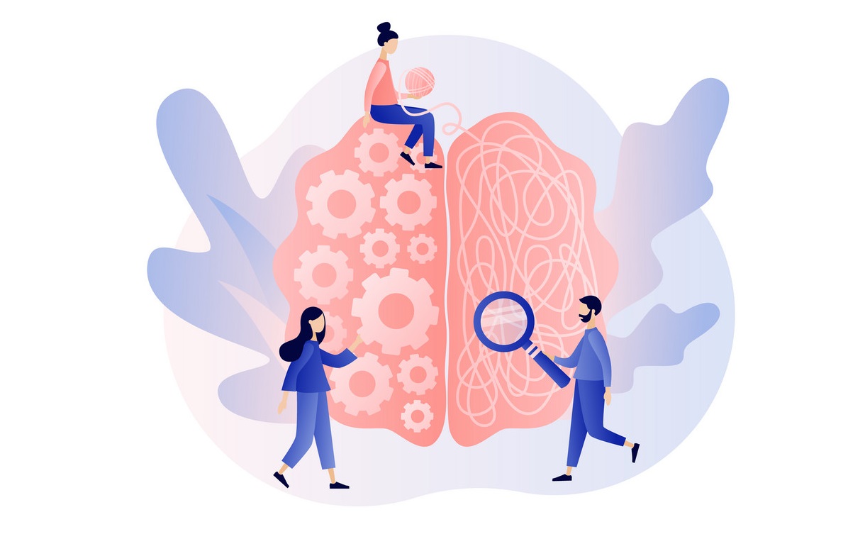 Psychologist online. Human brain and Psychology. Brain tuning metaphor. Subconscious. Psychotherapy practice, psychological help. Modern flat cartoon style. Vector illustration on white background